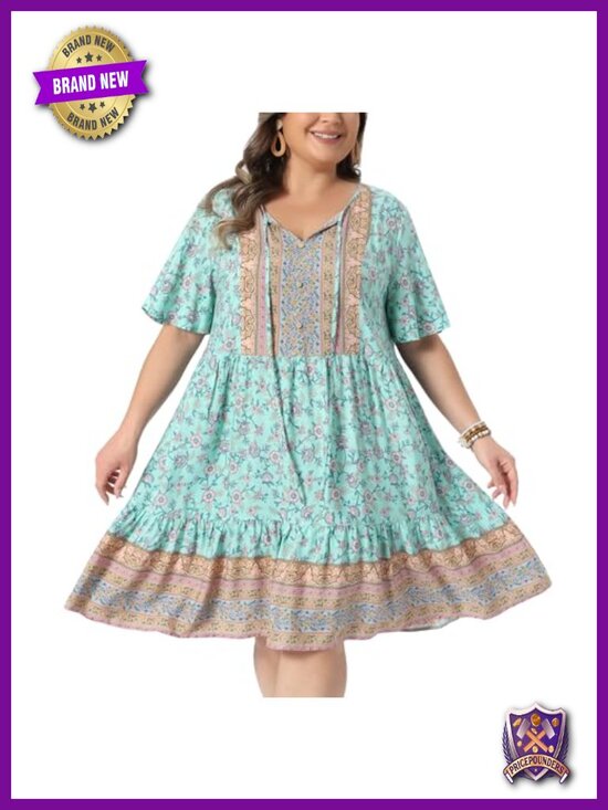 Dresses & Skirts - Plus Size Boho Floral Midi Dress Tie Crew Neck Short Sleeve Flowy Beach Sundress
